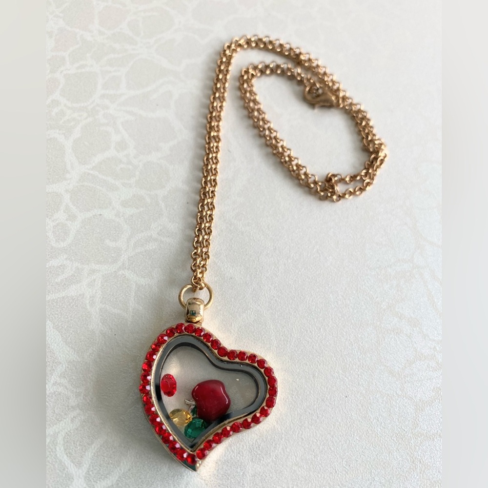 Gold-Tone Heart Teacher Locket Necklace with Apple and Red Crystal Accents